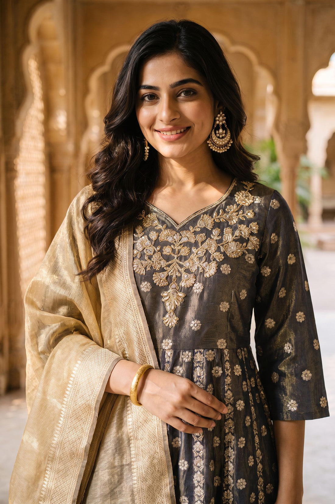 Charcoal Zari Embroidered Yarn Dyed Jacquard Flared Kurta with Tights and Dupatta Set