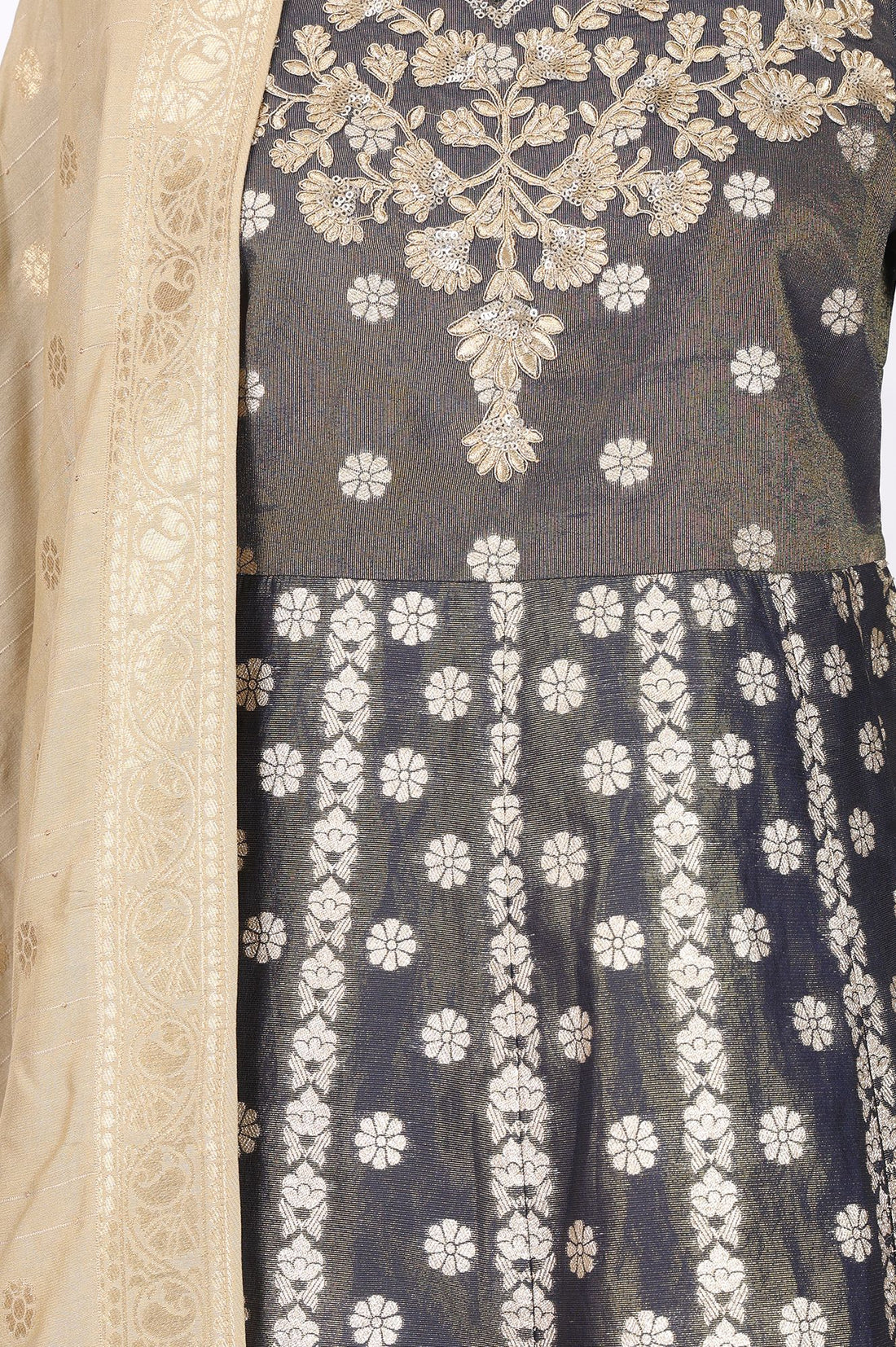 Charcoal Zari Embroidered Yarn Dyed Jacquard Flared Kurta with Tights and Dupatta Set