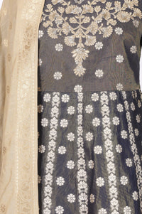 Charcoal Zari Embroidered Yarn Dyed Jacquard Flared Kurta with Tights and Dupatta Set