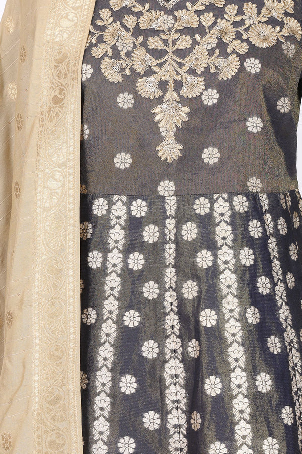 Charcoal Zari Embroidered Yarn Dyed Jacquard Flared Kurta with Tights and Dupatta Set