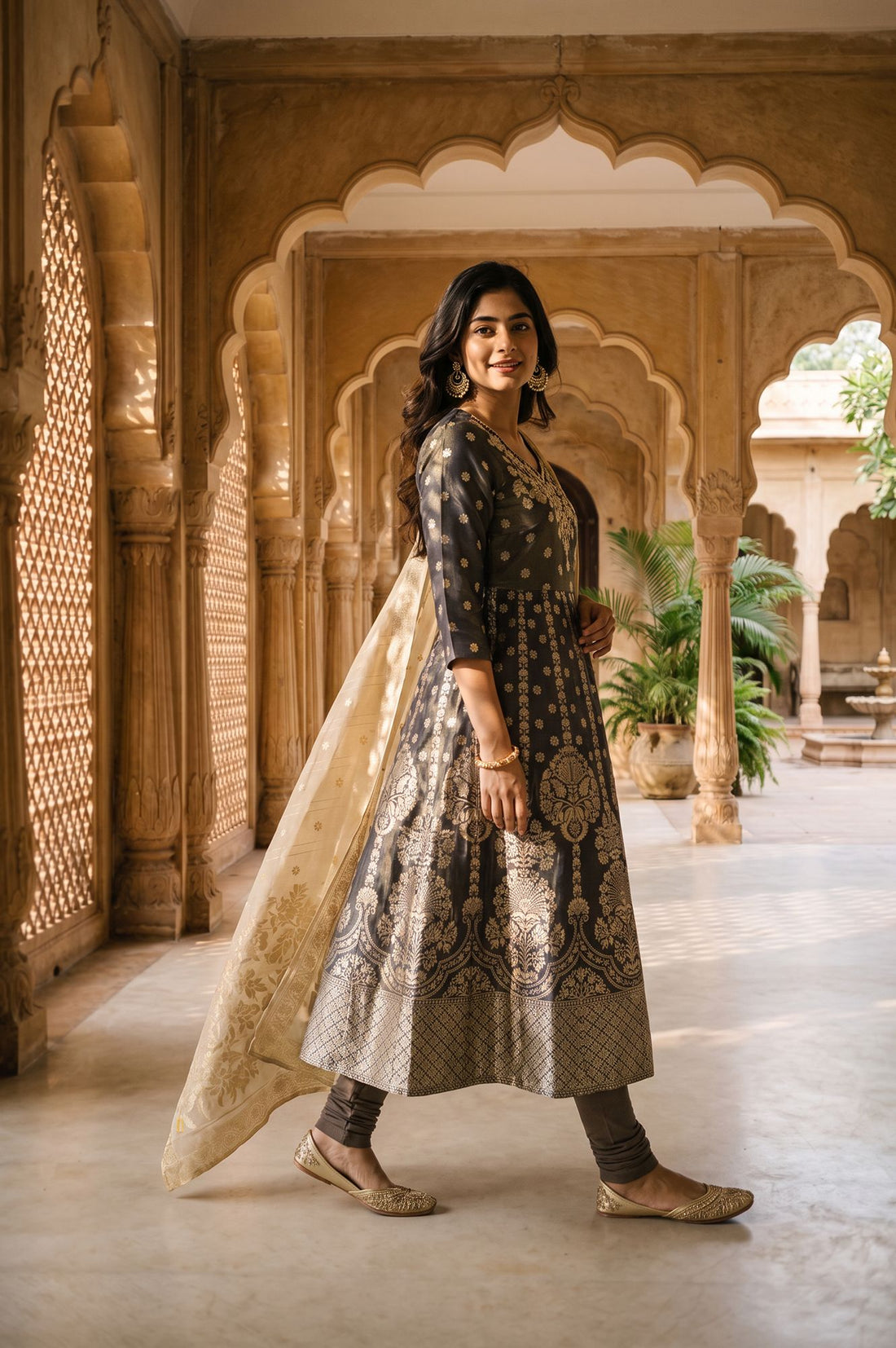 Charcoal Zari Embroidered Yarn Dyed Jacquard Flared Kurta with Tights and Dupatta Set