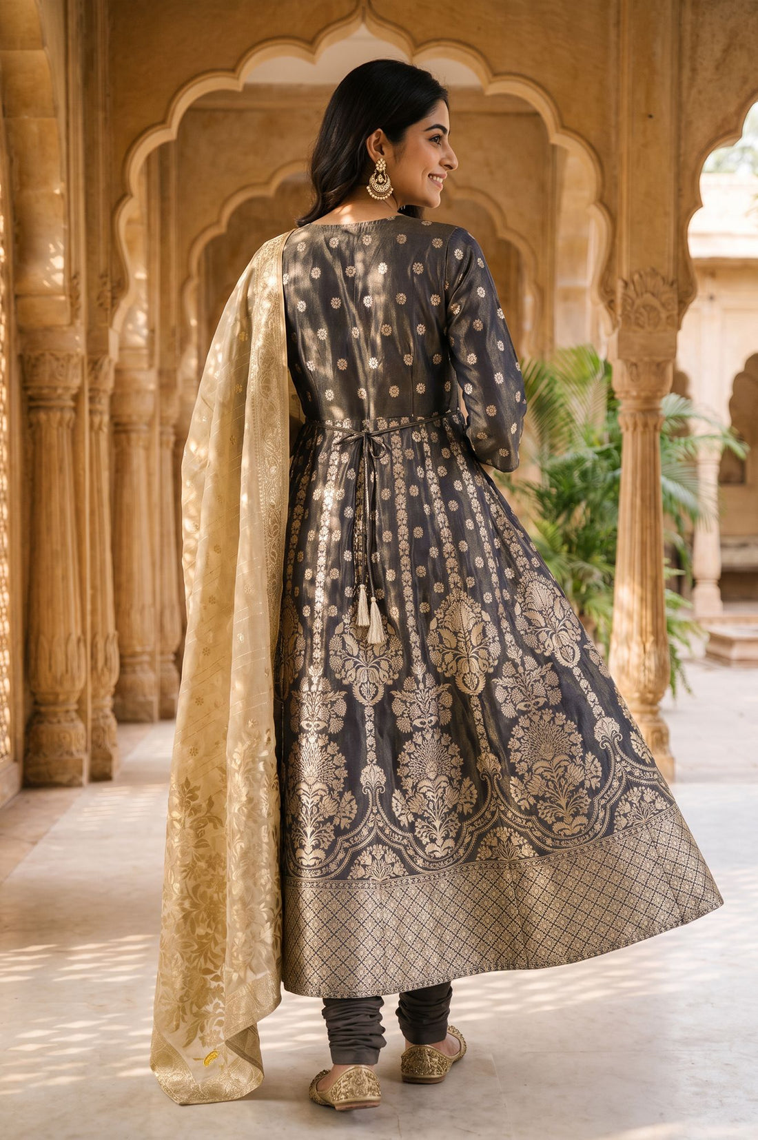Charcoal Zari Embroidered Yarn Dyed Jacquard Flared Kurta with Tights and Dupatta Set
