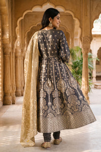 Charcoal Zari Embroidered Yarn Dyed Jacquard Flared Kurta with Tights and Dupatta Set