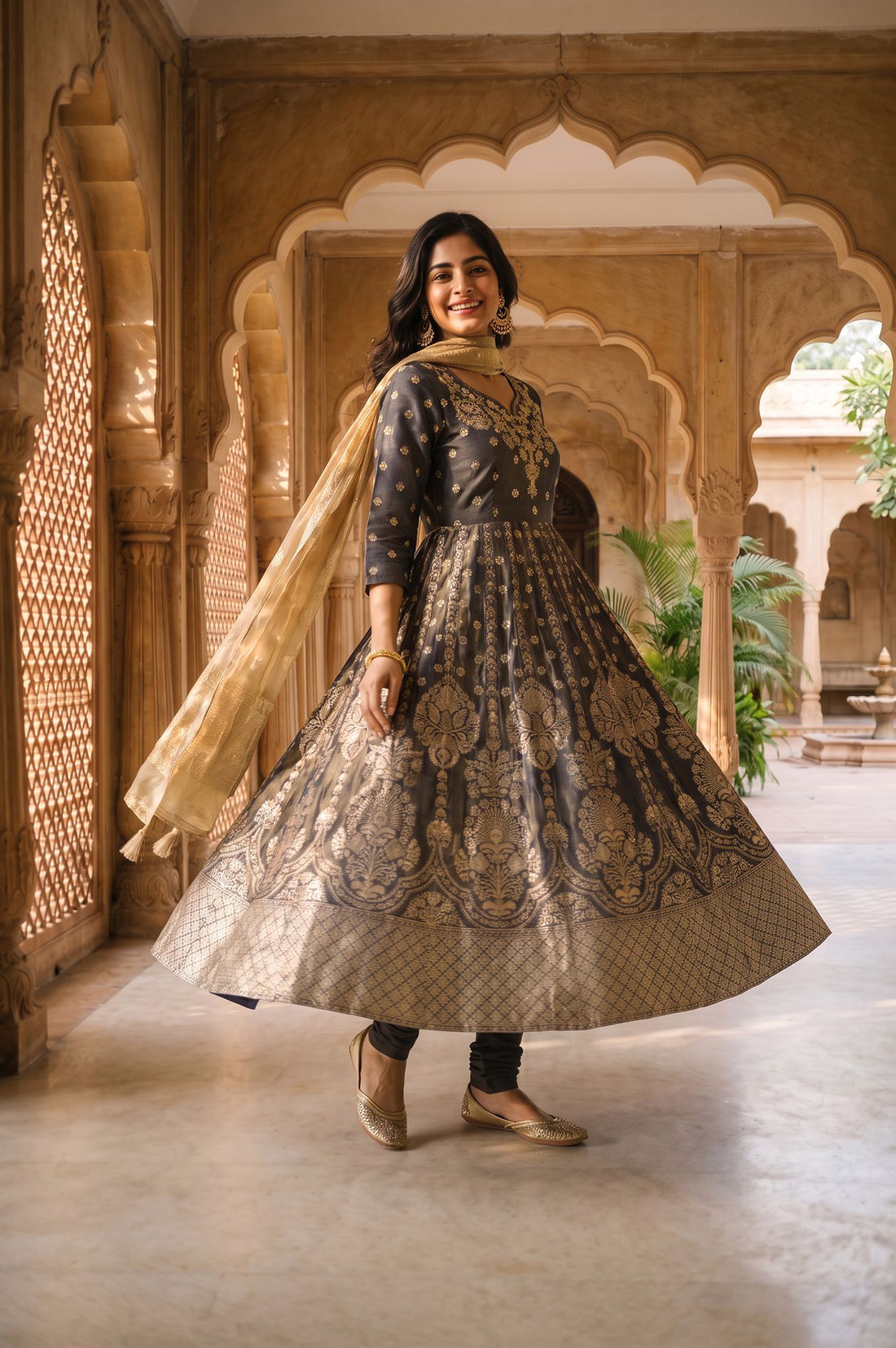 Charcoal Zari Embroidered Yarn Dyed Jacquard Flared Kurta with Tights and Dupatta Set