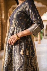Charcoal Zari Embroidered Yarn Dyed Jacquard Flared Kurta with Tights and Dupatta Set