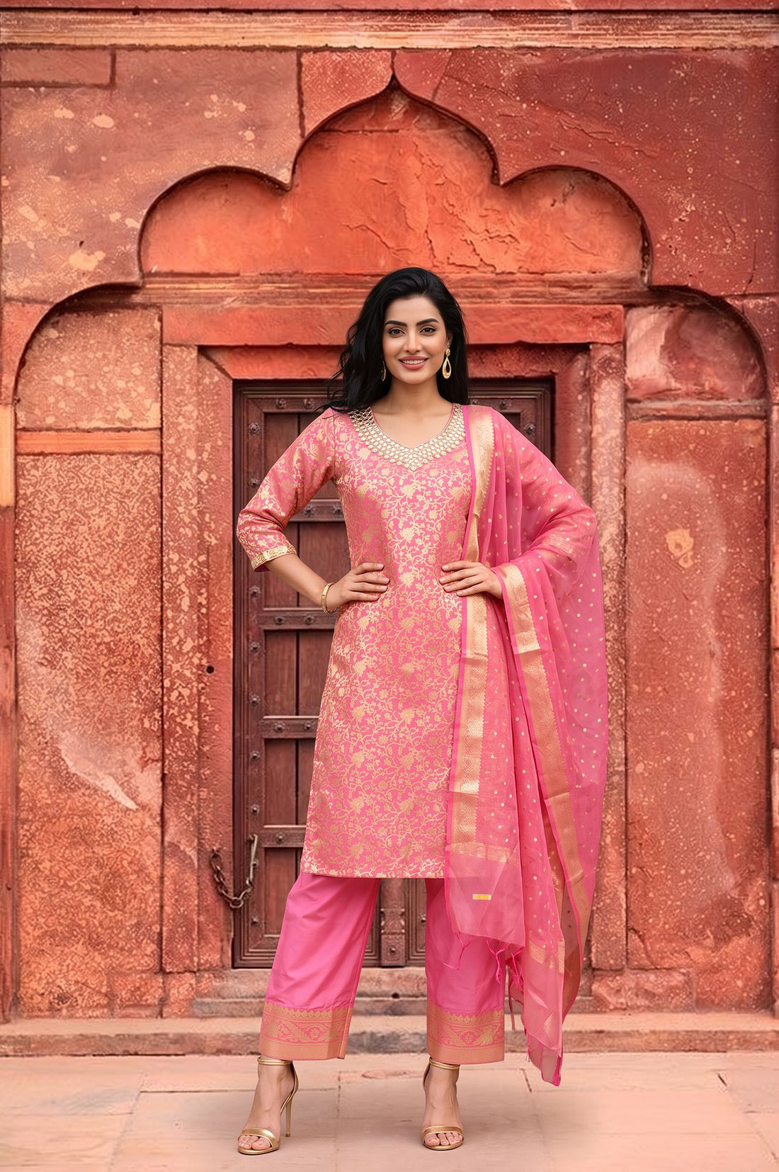 Pink Embellished Jacquard Straight Kurta with Palazzo and Dupatta Set