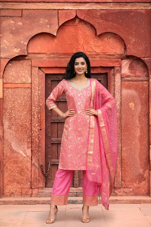 Pink Embellished Jacquard Straight Kurta with Palazzo and Dupatta Set