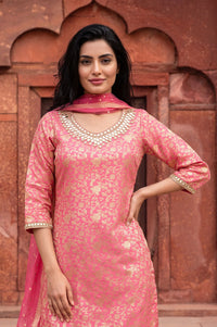 Pink Embellished Jacquard Straight Kurta with Palazzo and Dupatta Set