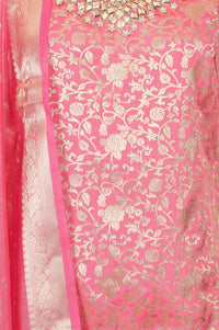 Pink Embellished Jacquard Straight Kurta with Palazzo and Dupatta Set
