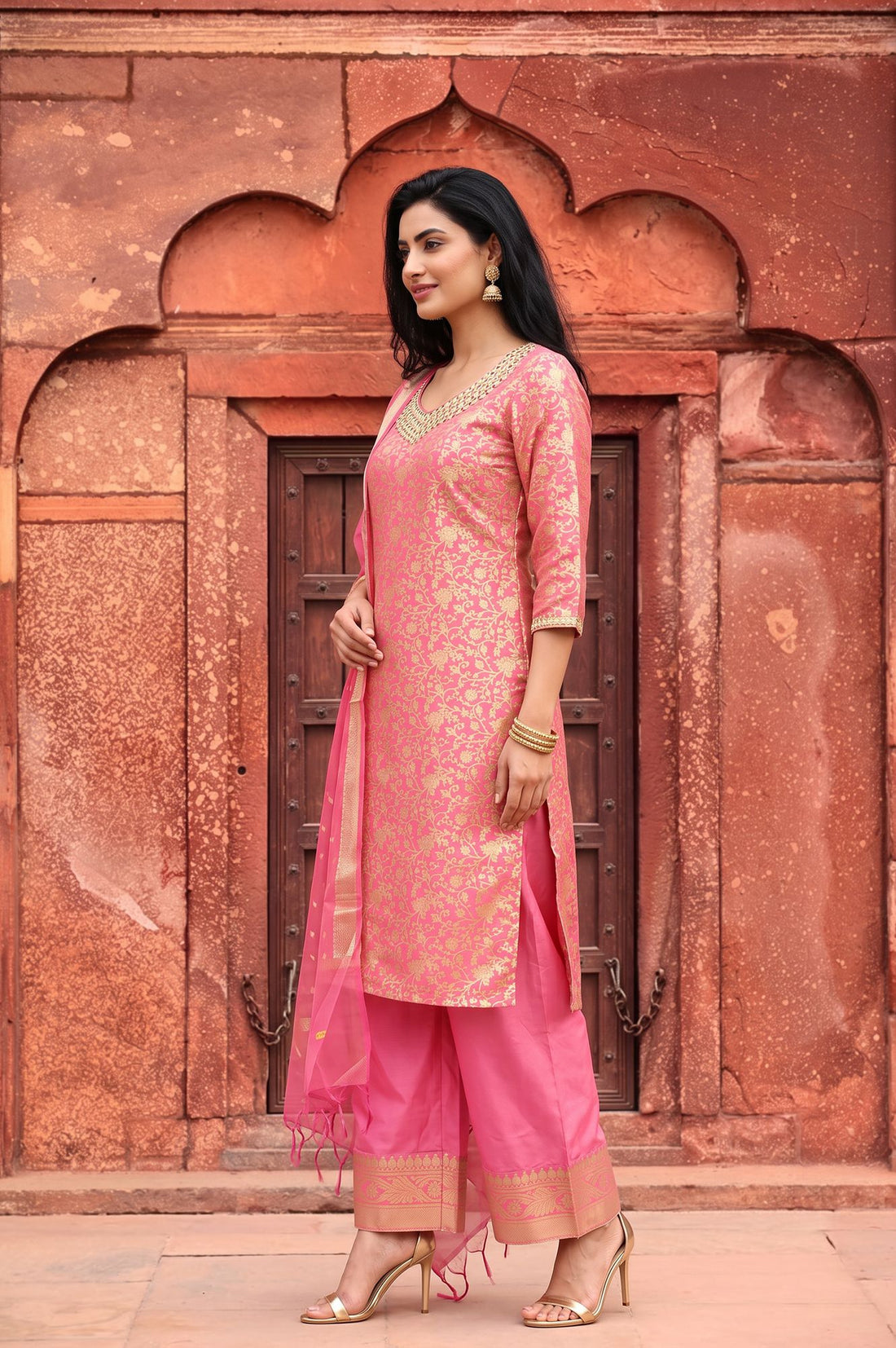 Pink Embellished Jacquard Straight Kurta with Palazzo and Dupatta Set
