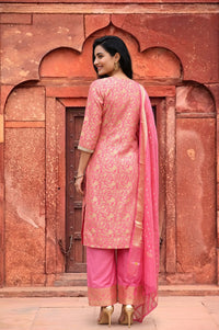 Pink Embellished Jacquard Straight Kurta with Palazzo and Dupatta Set