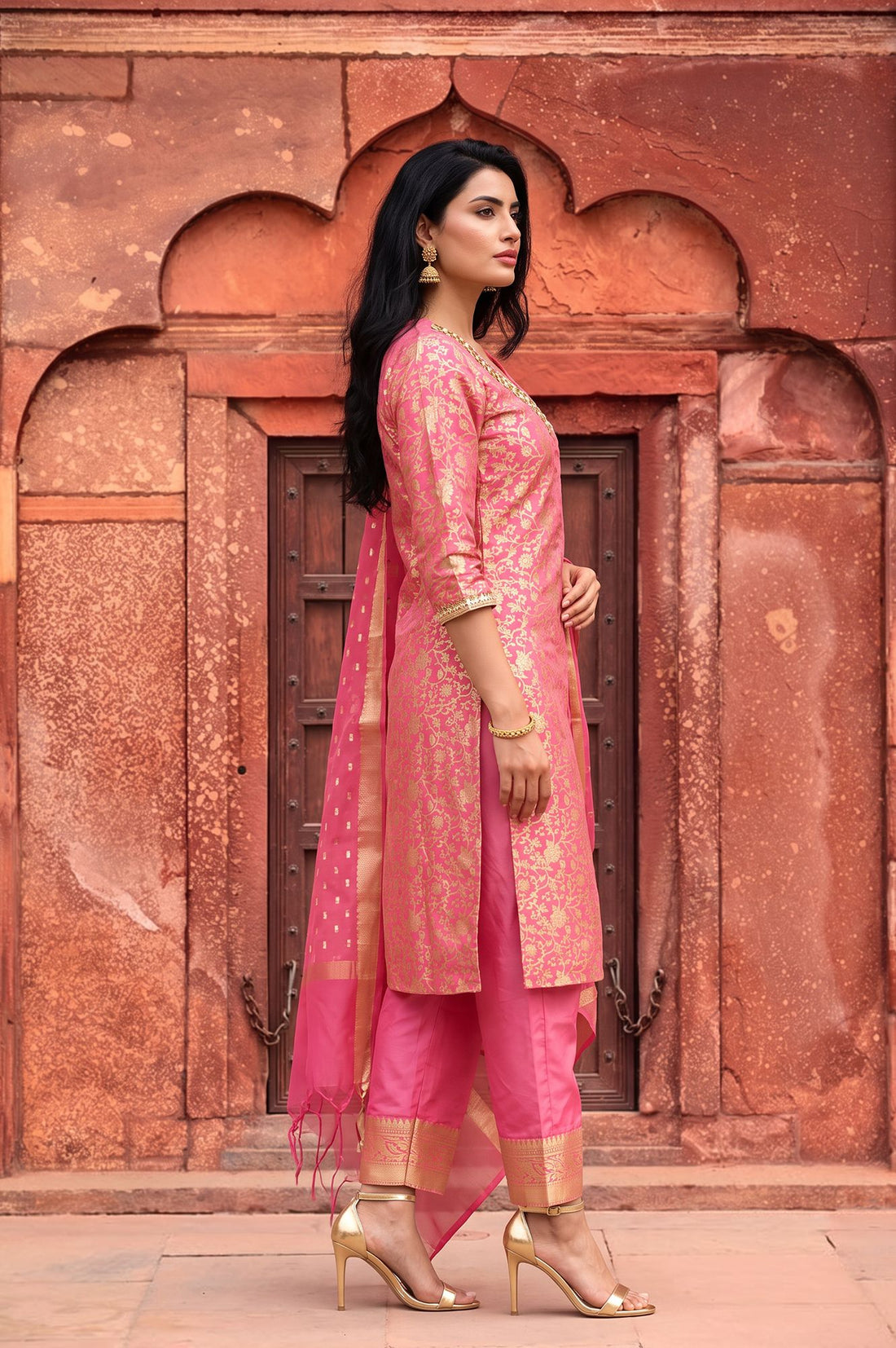 Pink Embellished Jacquard Straight Kurta with Palazzo and Dupatta Set