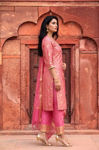 Pink Embellished Jacquard Straight Kurta with Palazzo and Dupatta Set