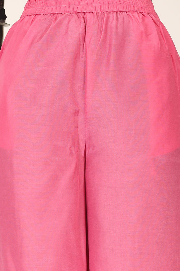 Pink Embellished Jacquard Straight Kurta with Palazzo and Dupatta Set