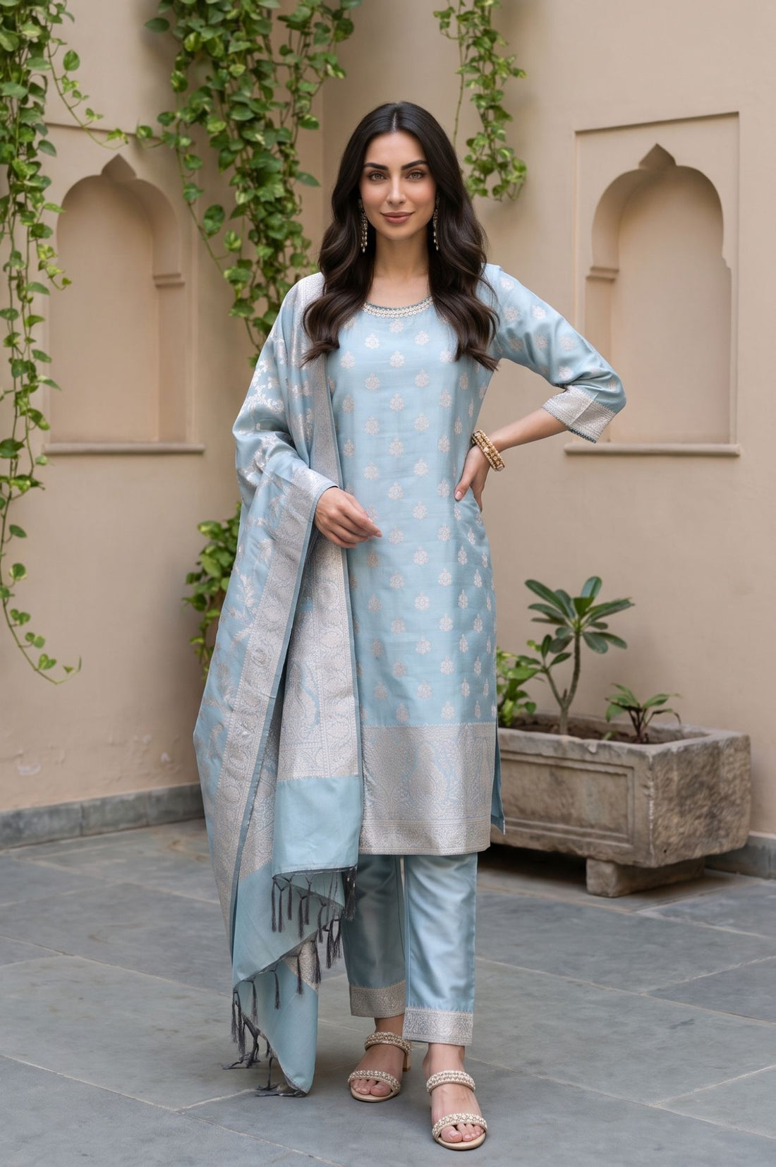 Blue Jacquard Zari Straight Kurta with Trouser and Dupatta Set