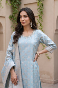 Blue Jacquard Zari Straight Kurta with Trouser and Dupatta Set