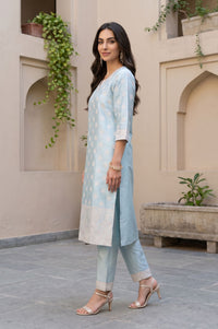 Blue Jacquard Zari Straight Kurta with Trouser and Dupatta Set