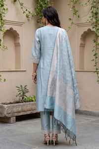 Blue Jacquard Zari Straight Kurta with Trouser and Dupatta Set
