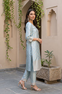 Blue Jacquard Zari Straight Kurta with Trouser and Dupatta Set