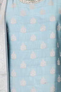 Blue Jacquard Zari Straight Kurta with Trouser and Dupatta Set