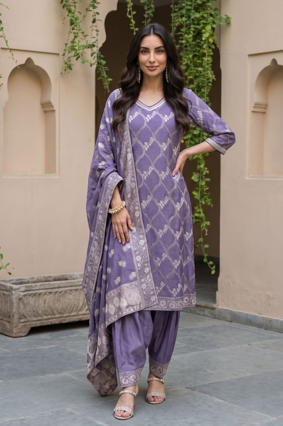 Purple Zari Geometric Printed Jacquard Straight Kurta with Salwar and Dupatta Set