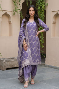 Purple Zari Geometric Printed Jacquard Straight Kurta with Salwar and Dupatta Set