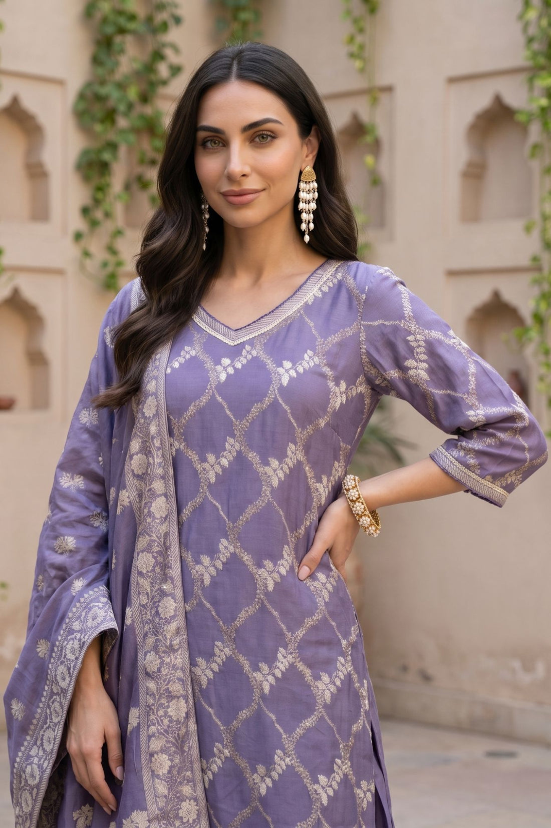 Purple Zari Geometric Printed Jacquard Straight Kurta with Salwar and Dupatta Set