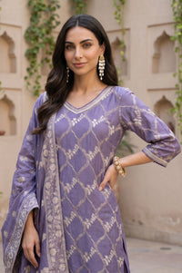 Purple Zari Geometric Printed Jacquard Straight Kurta with Salwar and Dupatta Set