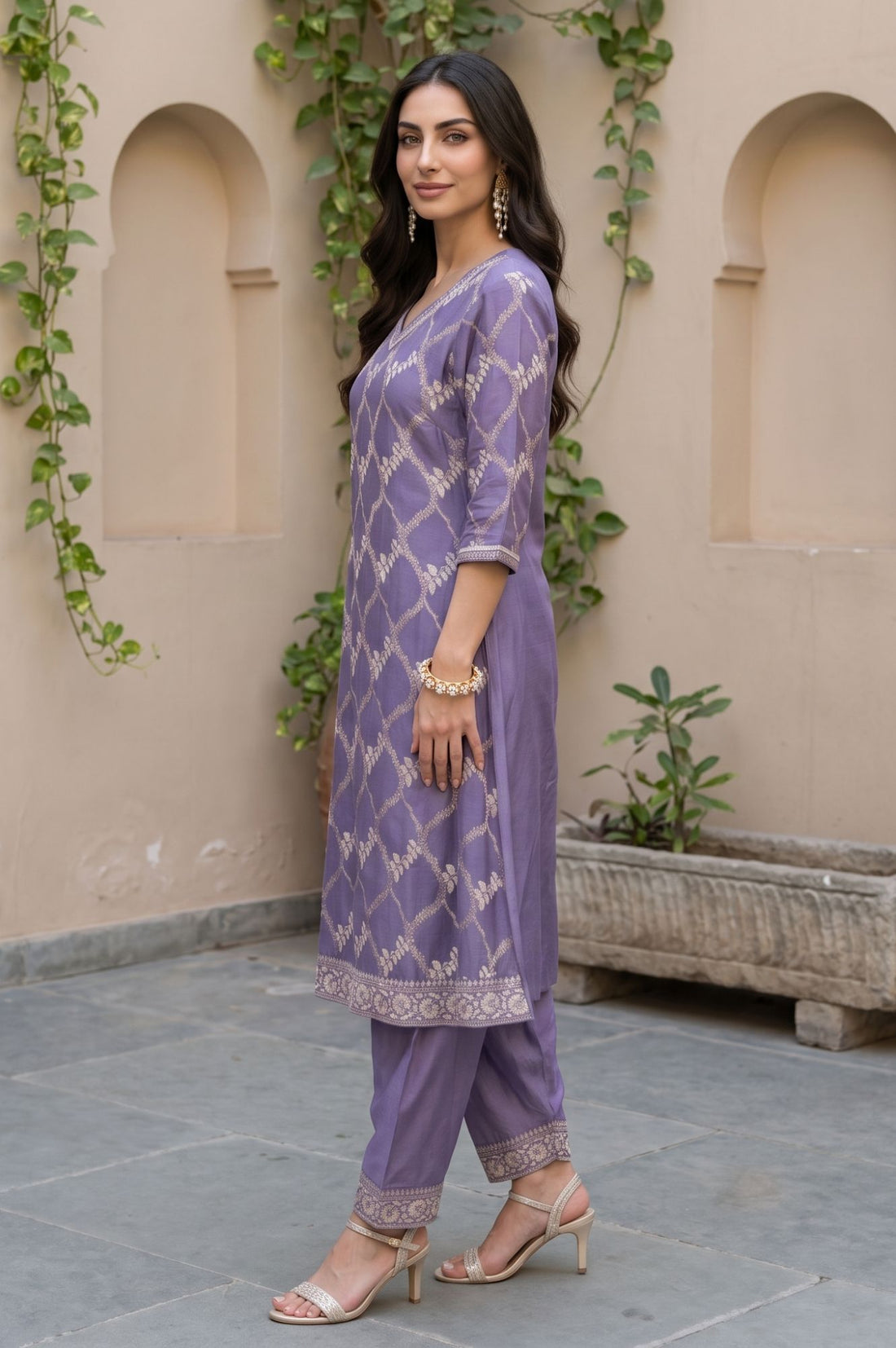 Purple Zari Geometric Printed Jacquard Straight Kurta with Salwar and Dupatta Set