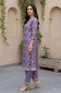 Purple Zari Geometric Printed Jacquard Straight Kurta with Salwar and Dupatta Set