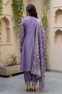 Purple Zari Geometric Printed Jacquard Straight Kurta with Salwar and Dupatta Set