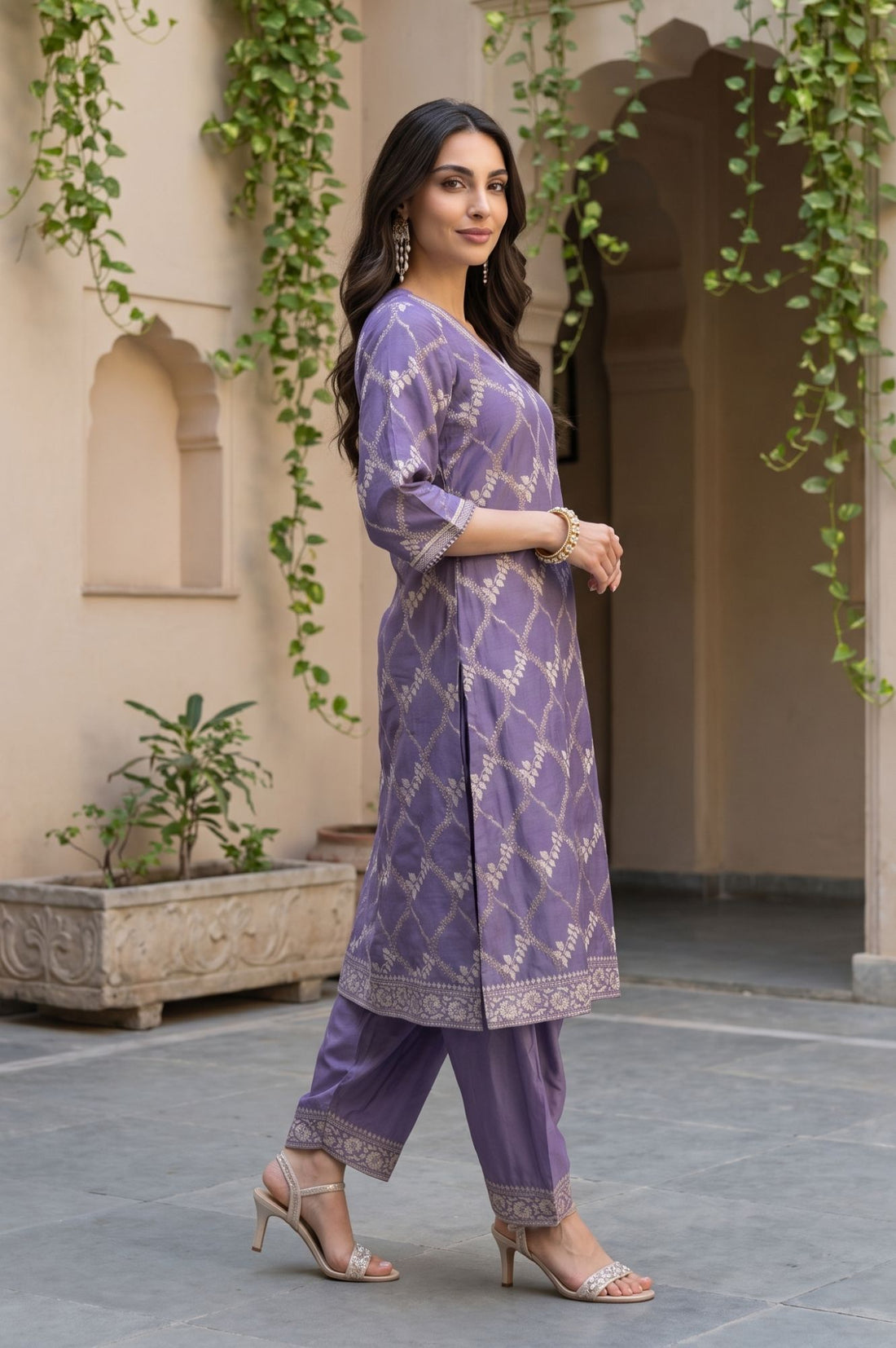 Purple Zari Geometric Printed Jacquard Straight Kurta with Salwar and Dupatta Set