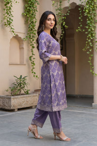 Purple Zari Geometric Printed Jacquard Straight Kurta with Salwar and Dupatta Set