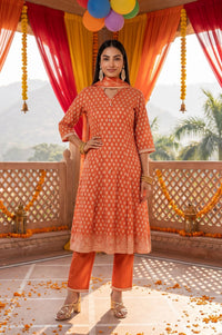 Orange Sequins Yarn Dyed Banarasi Jacquard A-line Kurta with Trousers and Dupatta Set