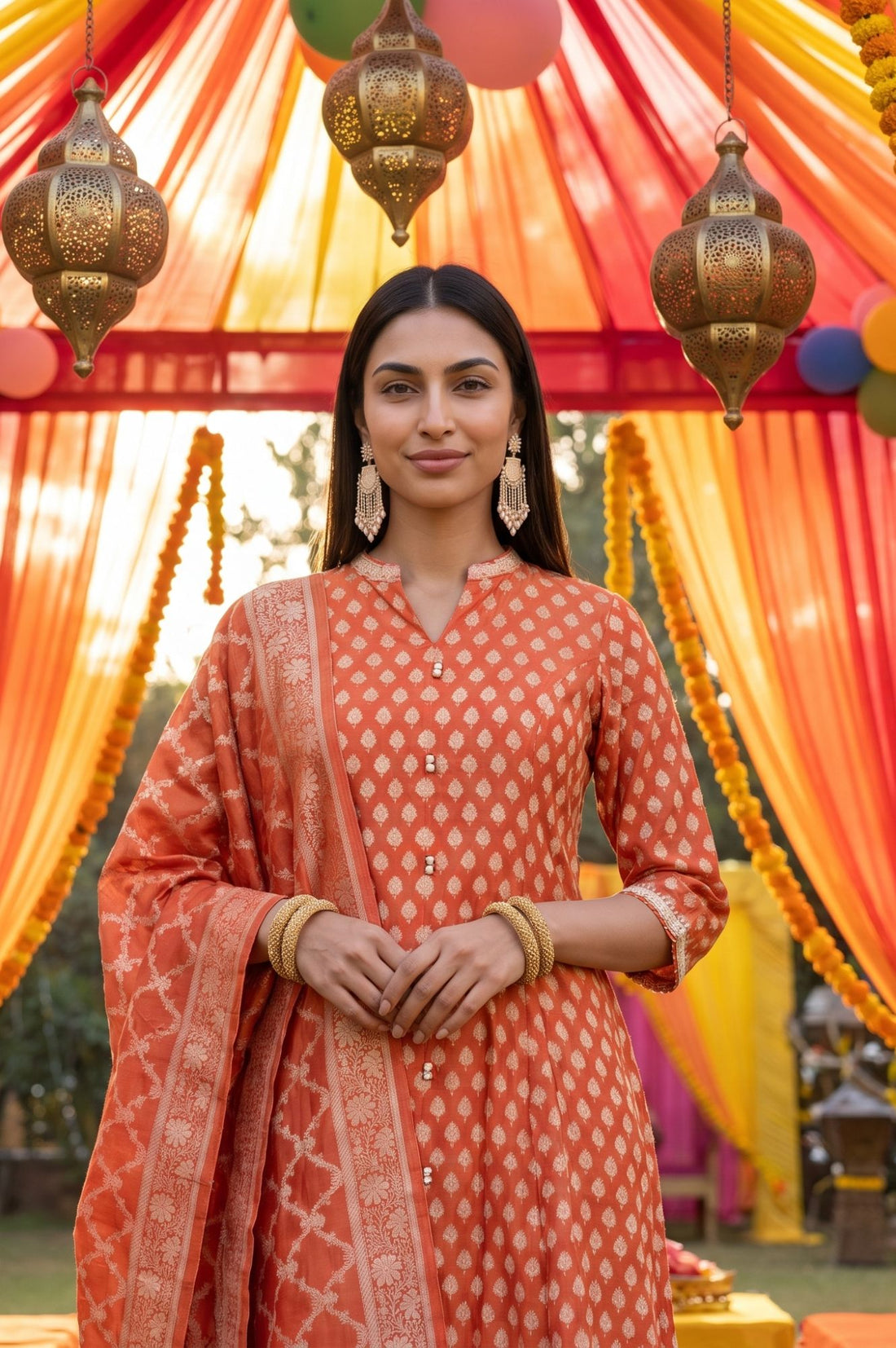 Orange Sequins Yarn Dyed Banarasi Jacquard A-line Kurta with Trousers and Dupatta Set