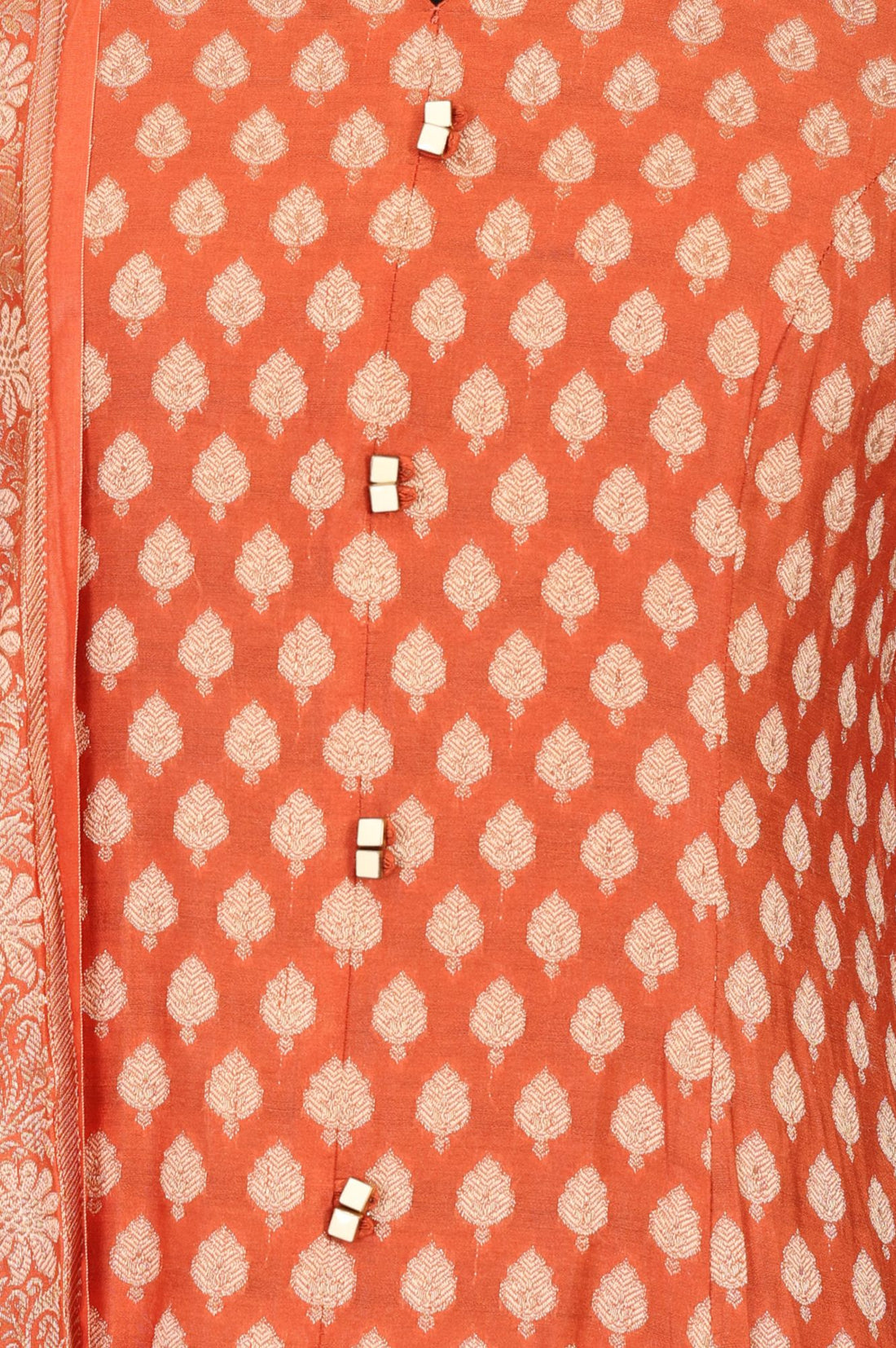 Orange Sequins Yarn Dyed Banarasi Jacquard A-line Kurta with Trousers and Dupatta Set