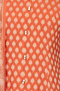 Orange Sequins Yarn Dyed Banarasi Jacquard A-line Kurta with Trousers and Dupatta Set