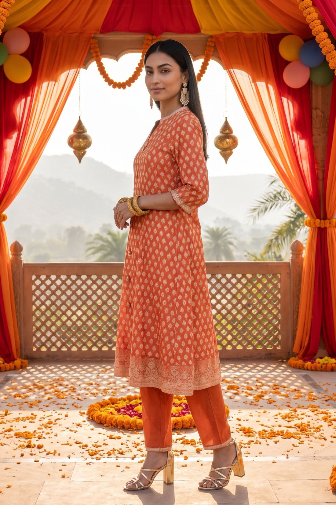 Orange Sequins Yarn Dyed Banarasi Jacquard A-line Kurta with Trousers and Dupatta Set