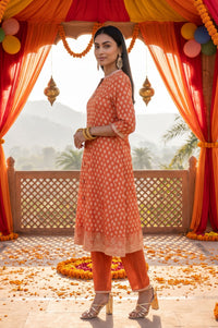 Orange Sequins Yarn Dyed Banarasi Jacquard A-line Kurta with Trousers and Dupatta Set