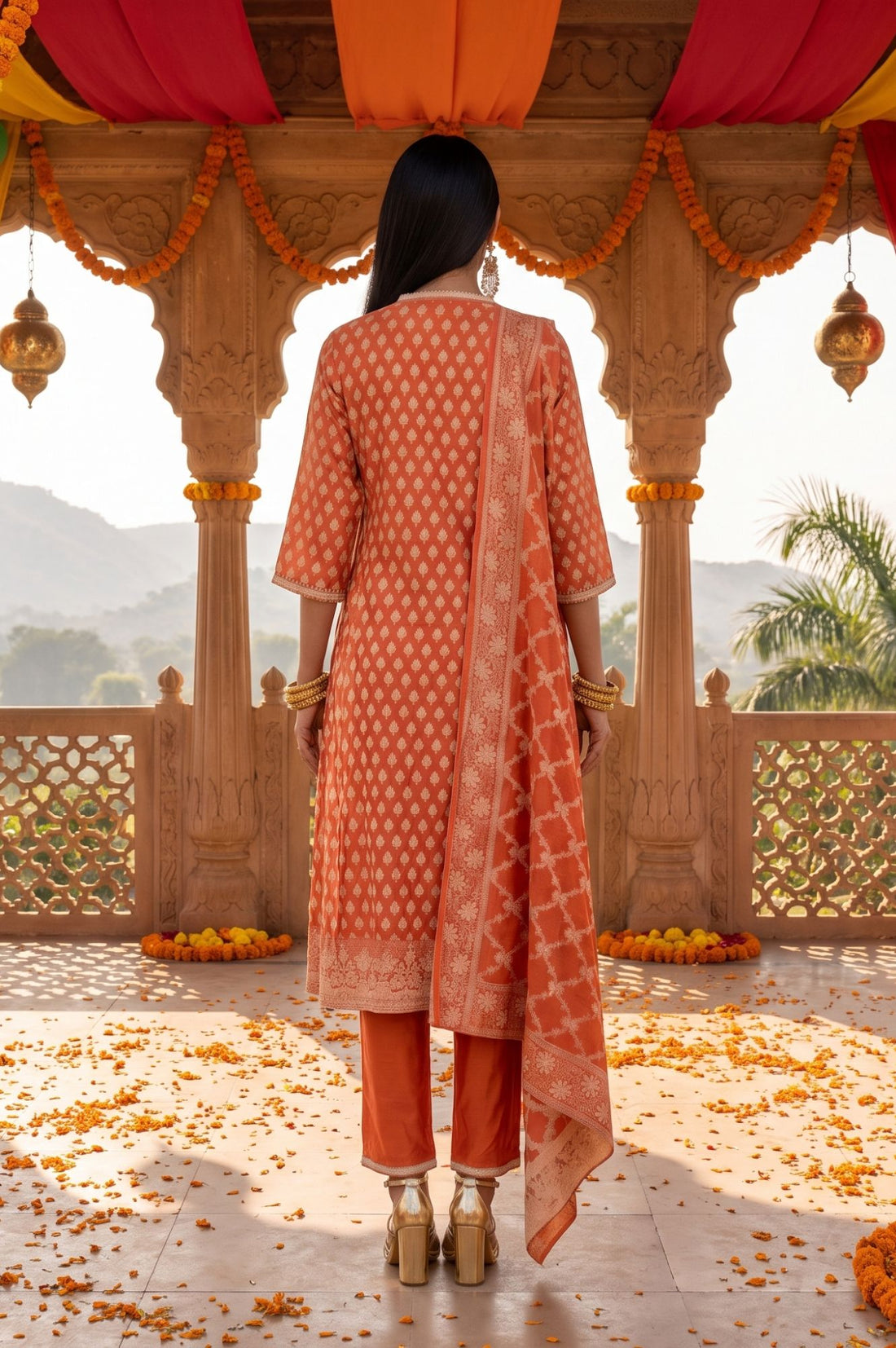 Orange Sequins Yarn Dyed Banarasi Jacquard A-line Kurta with Trousers and Dupatta Set