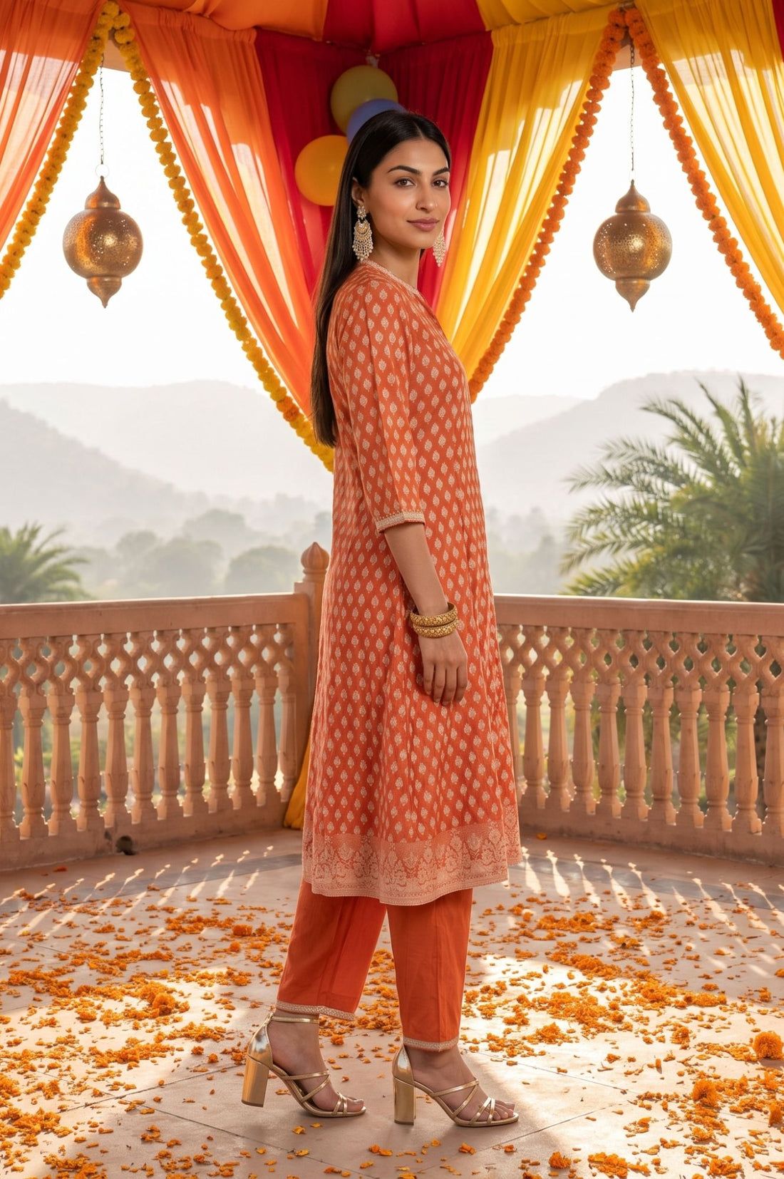 Orange Sequins Yarn Dyed Banarasi Jacquard A-line Kurta with Trousers and Dupatta Set