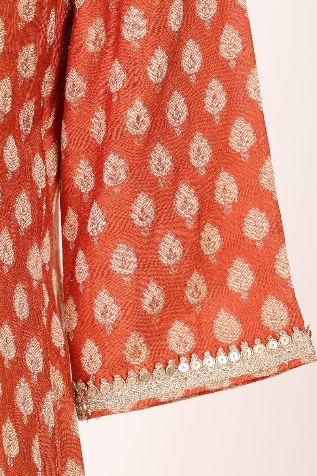 Orange Sequins Yarn Dyed Banarasi Jacquard A-line Kurta with Trousers and Dupatta Set