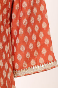 Orange Sequins Yarn Dyed Banarasi Jacquard A-line Kurta with Trousers and Dupatta Set