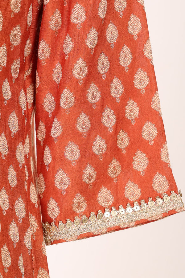 Orange Sequins Yarn Dyed Banarasi Jacquard A-line Kurta with Trousers and Dupatta Set