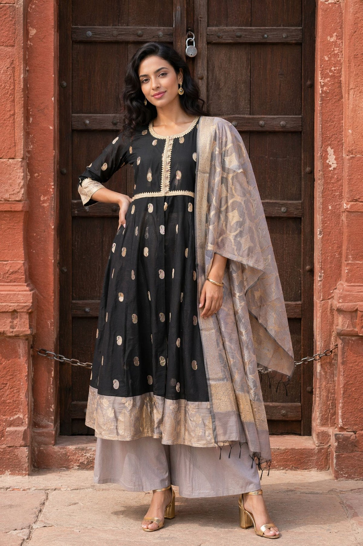 Black Jacquard Zari Embellished Flared Kurta with Palazzo and Dupatta Set - XS