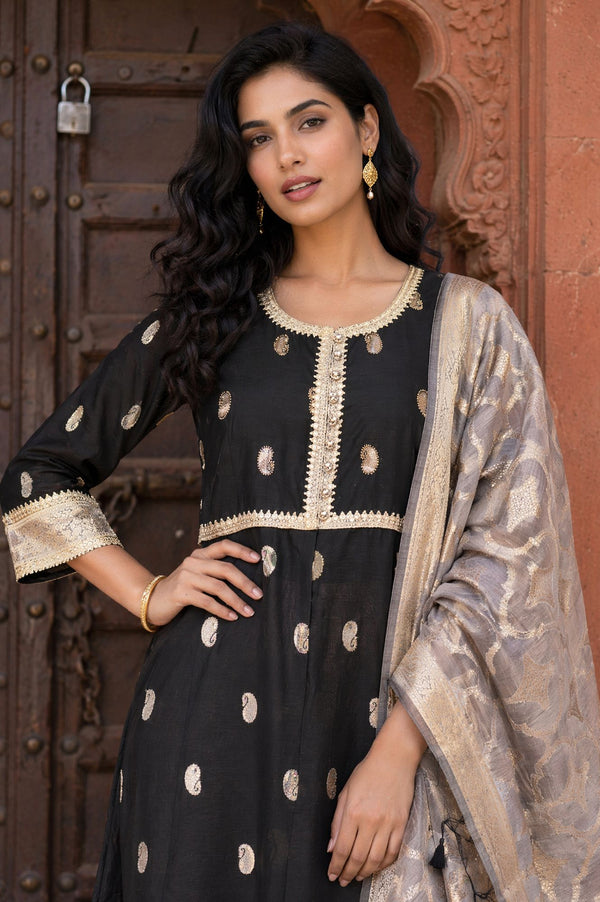 Black Jacquard Zari Embellished Flared Kurta with Palazzo and Dupatta Set