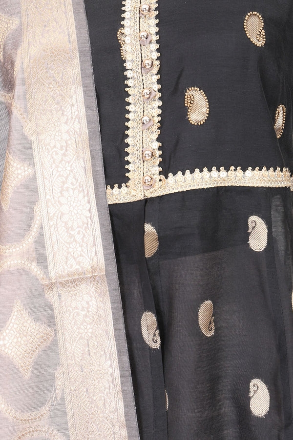 Black Jacquard Zari Embellished Flared Kurta with Palazzo and Dupatta Set