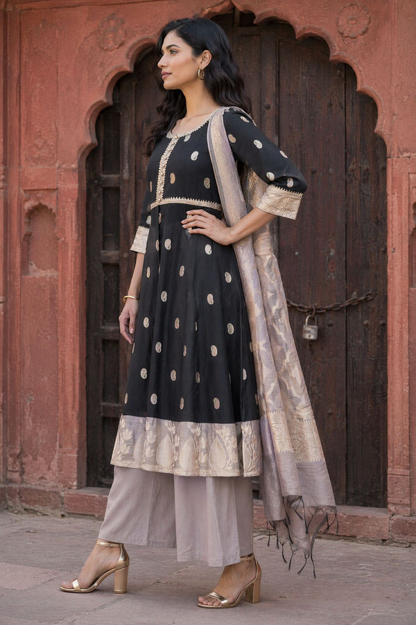 Black Jacquard Zari Embellished Flared Kurta with Palazzo and Dupatta Set