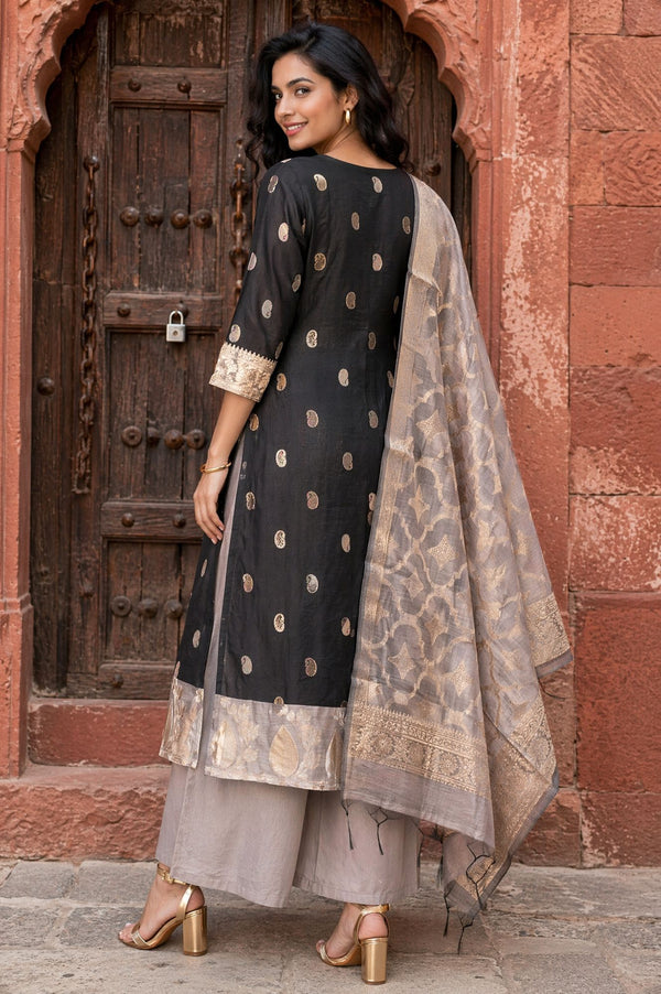 Black Jacquard Zari Embellished Flared Kurta with Palazzo and Dupatta Set