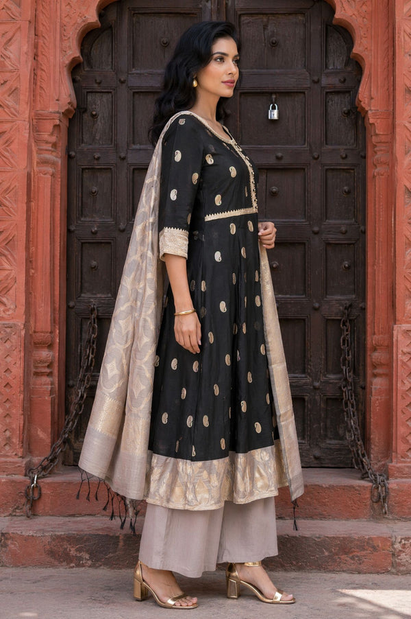 Black Jacquard Zari Embellished Flared Kurta with Palazzo and Dupatta Set